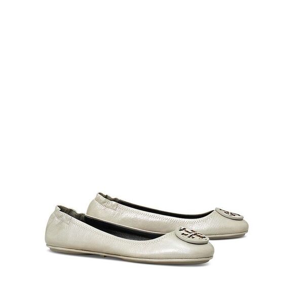 New Tory Burch  Minnie Travel Ballet Flats Shiny Stone Grey Leather  Shoes 9.5 - Picture 1 of 5